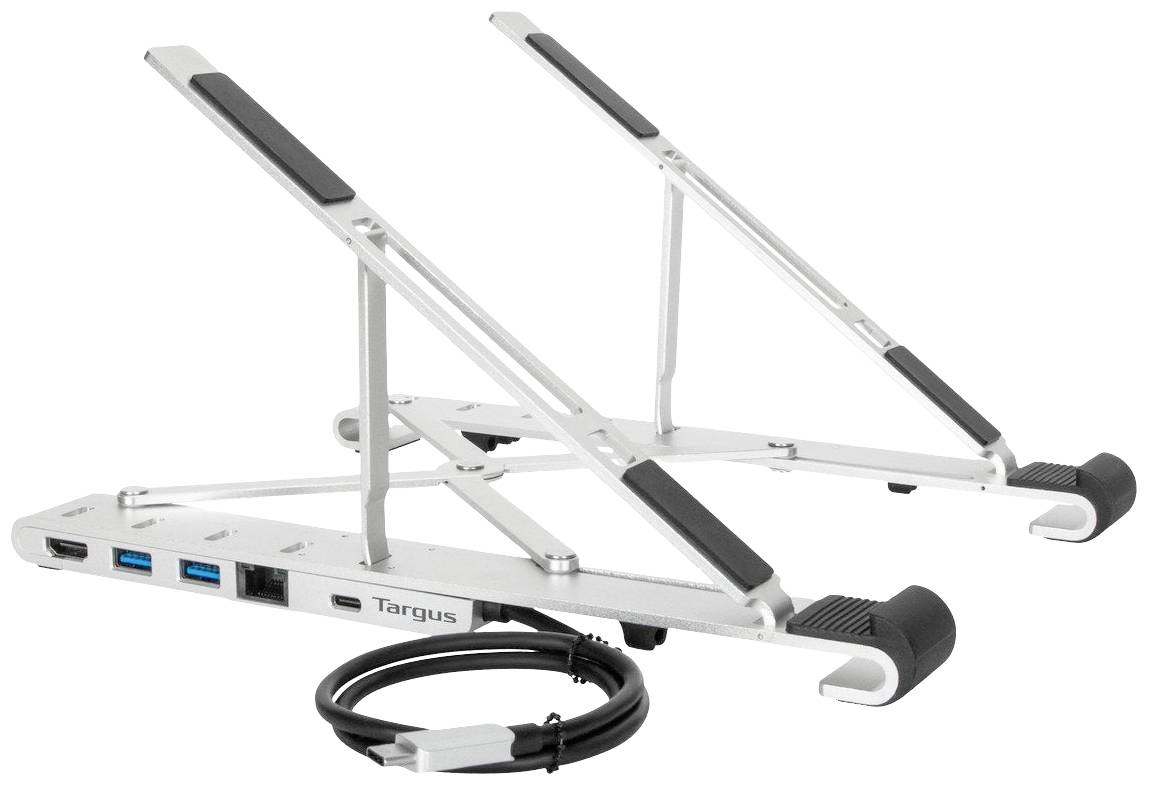 Silver laptop stand with non-slip rubber strips, two USB ports and an HDMI port. Connecting cables integrated.