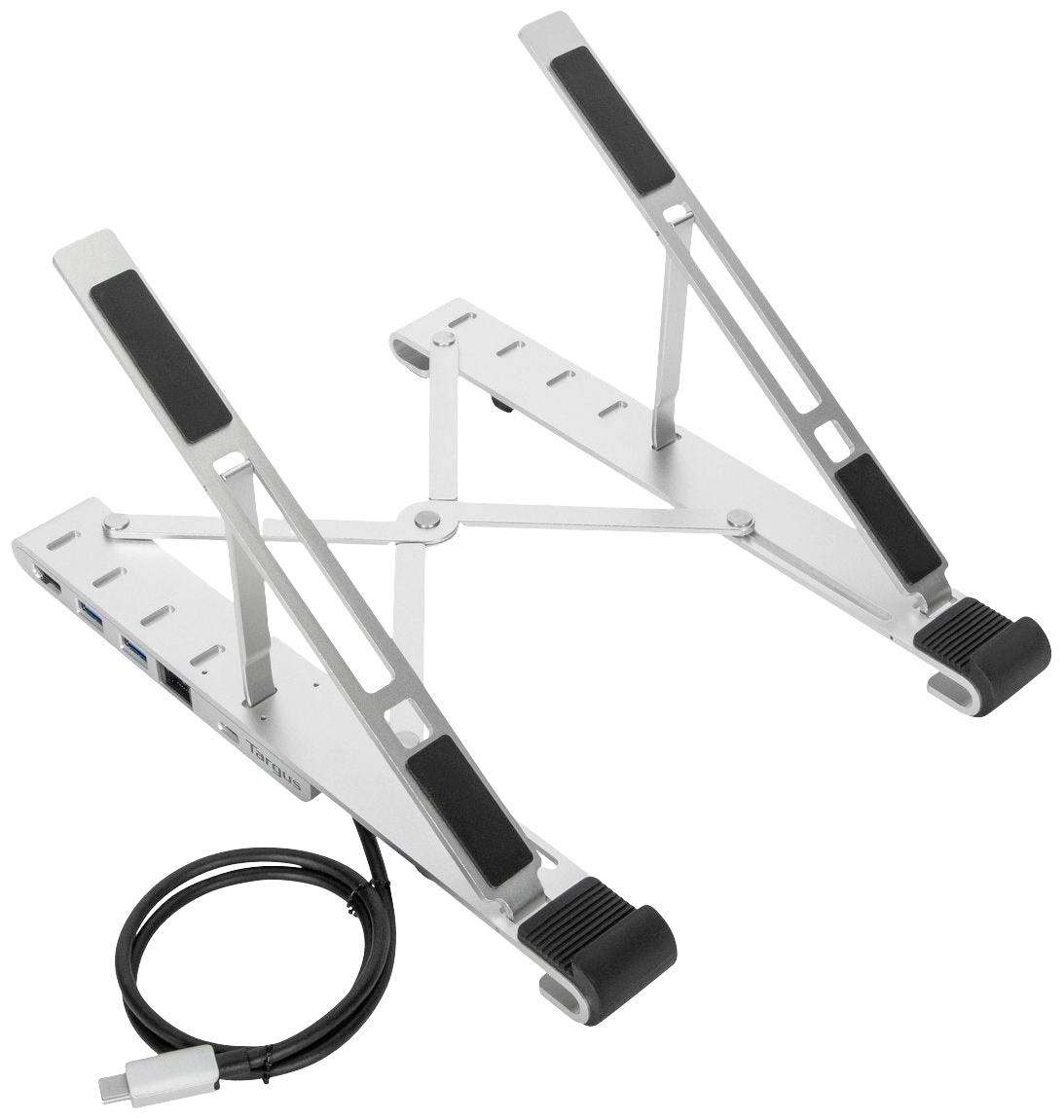 Adjustable, silver laptop stand with black rubber handle and USB cable, suitable for elevating and cooling laptops.