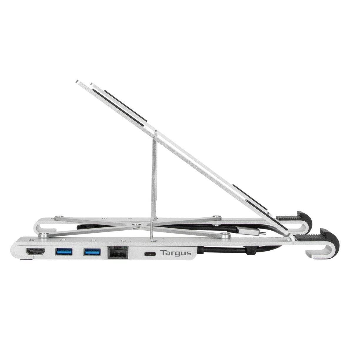 'Portable laptop stand by Targus in silver with HDMI, USB, and Ethernet ports. Height-adjustable and foldable.'
