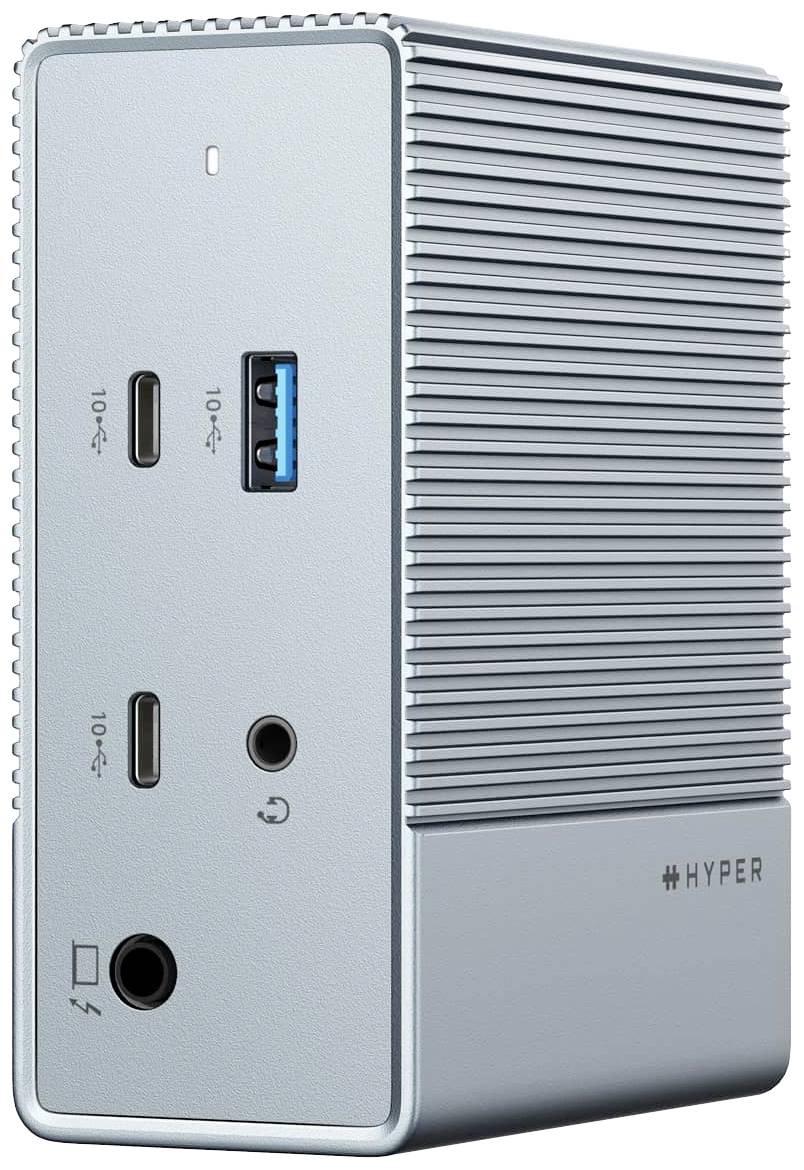 A silver multi-port hub with USB-C and USB-A ports, audio socket, and a 'HYPER' brand print on the front.
