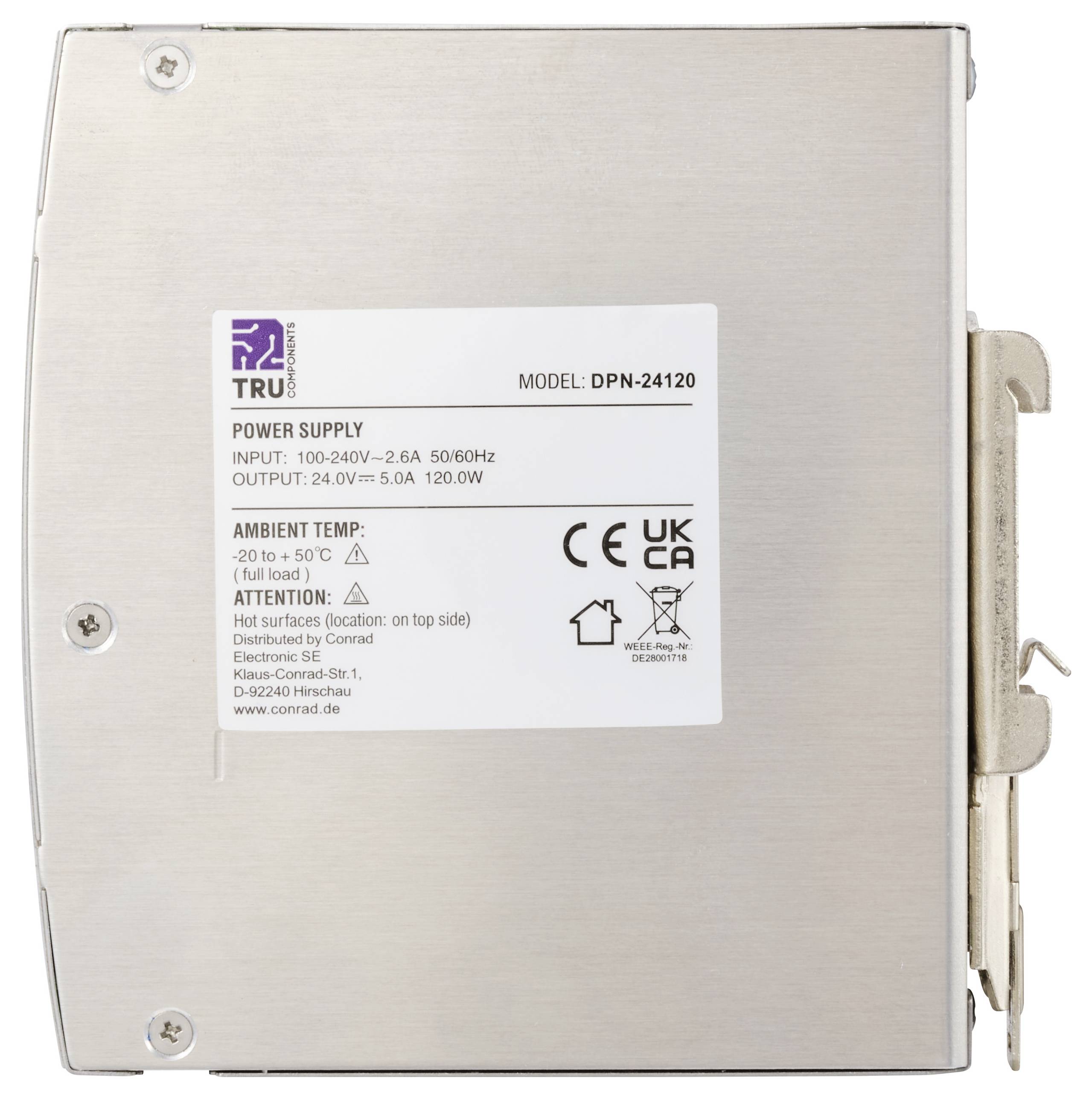 Silver power supply with specific electrical specifications: Input 100-240V, 50/60Hz; Output 24V, 120W; Model DPN-24120.