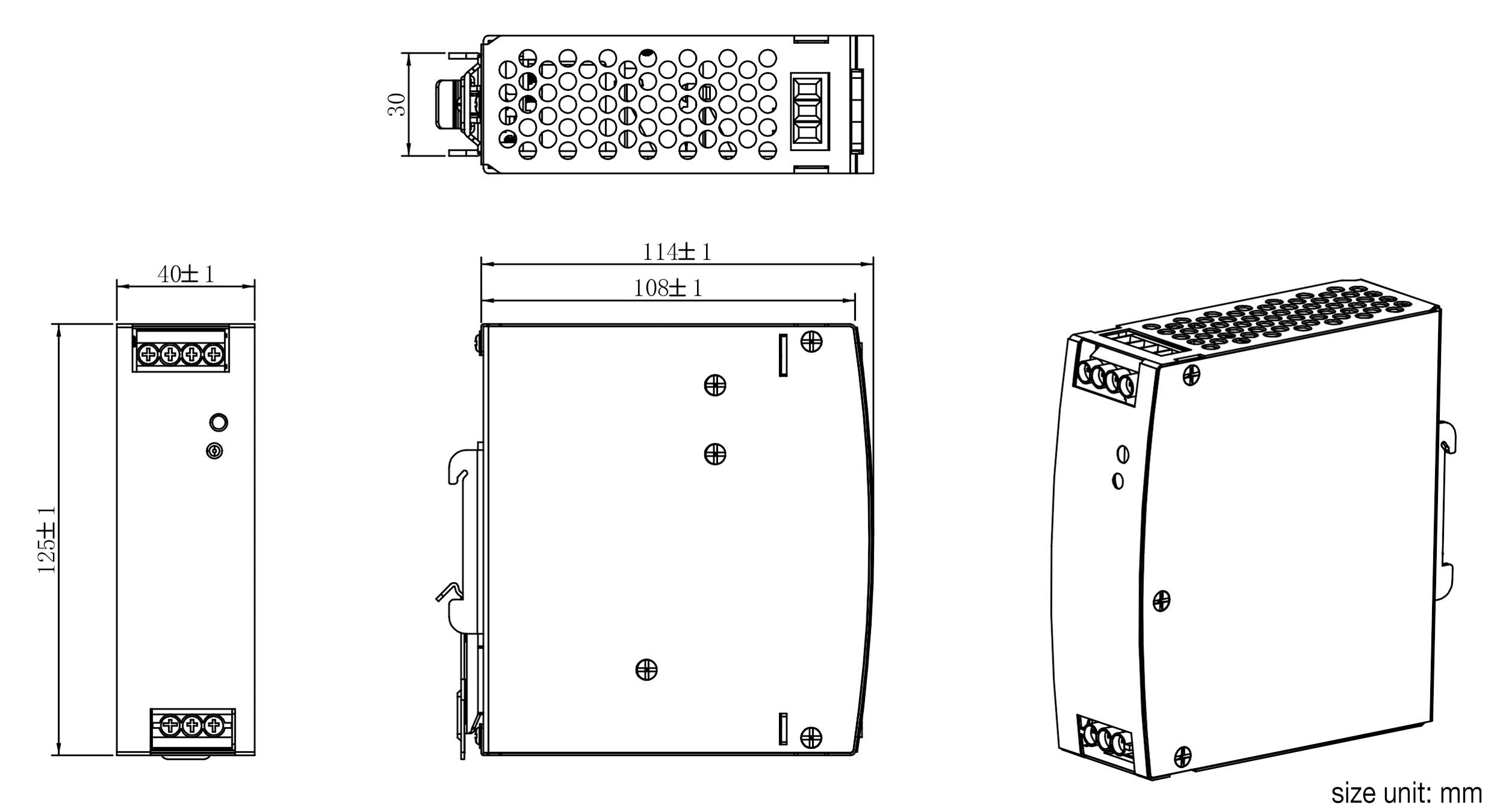Technical drawing of a rectangular electronic device from various perspectives with dimensions in millimetres.