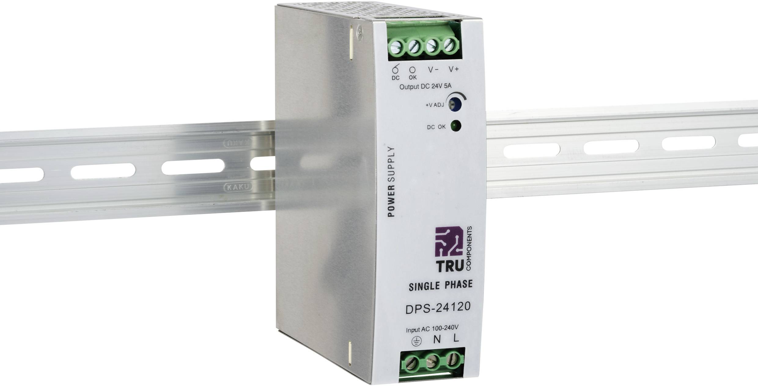 Housing of a single-phase power supply 'DPS-24120' by TRU Components, mounted on a DIN rail. Input: 100-240V, Output: DC 24V 5A.