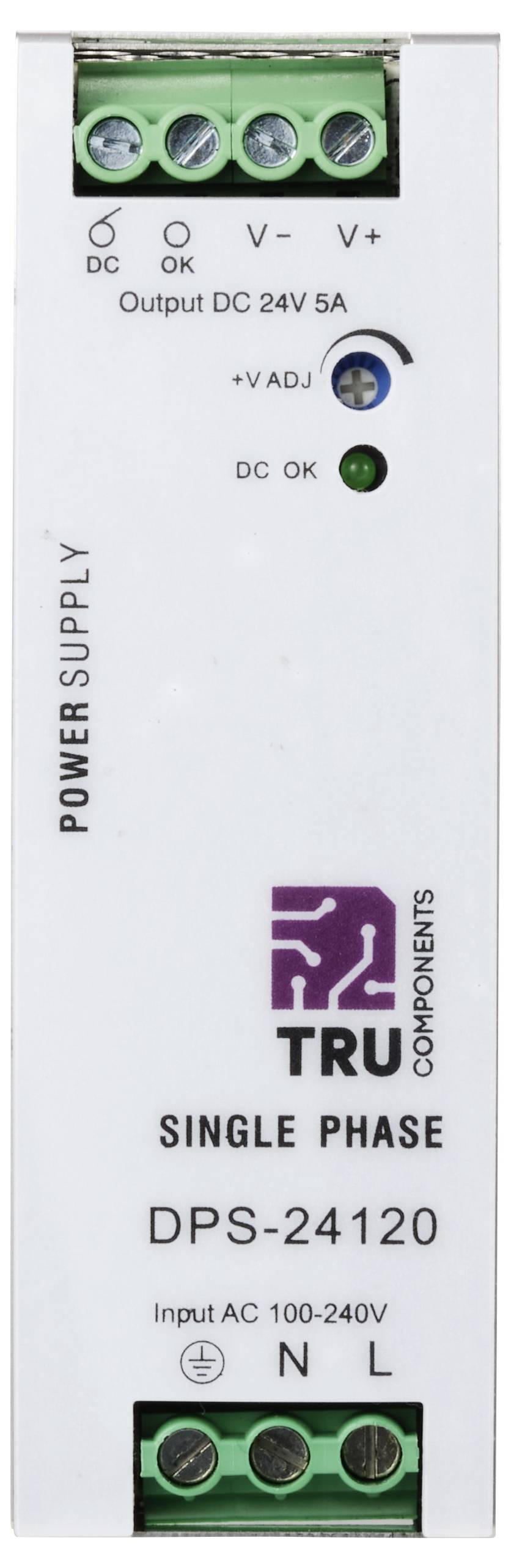 TRU DPS-24120 single-phase power supply unit, AC input 100-240V, DC output 24V 5A. Includes LEDs for DC-OK and DC-OK.