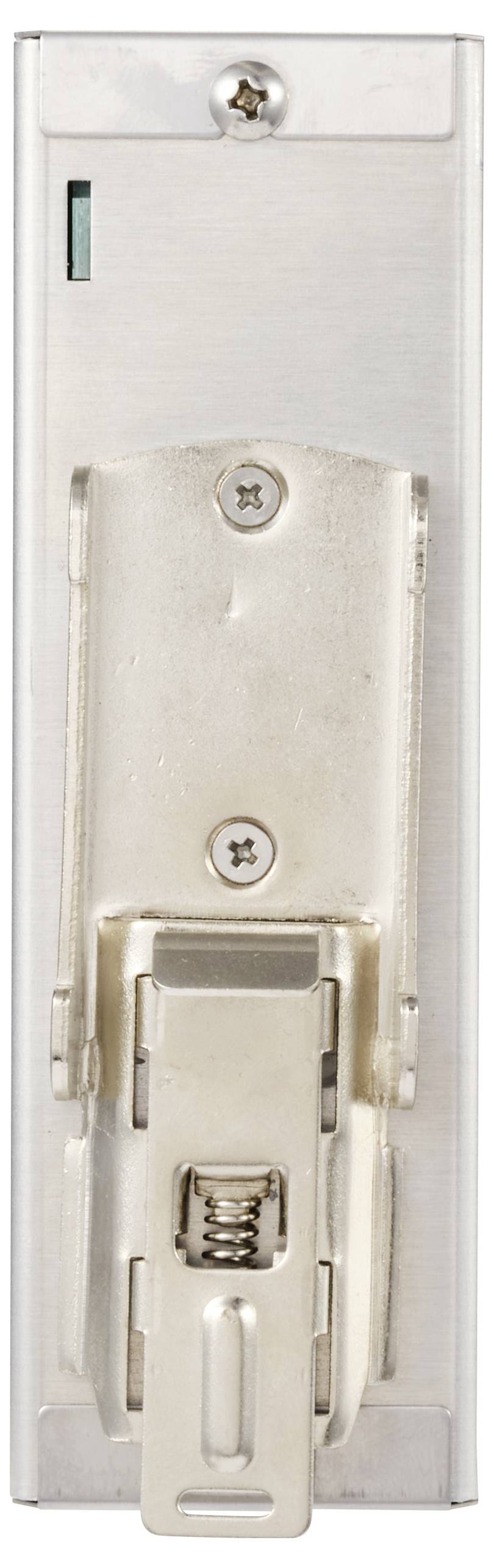 A silver metal mounting bracket with screws, likely designed for securing to a surface.