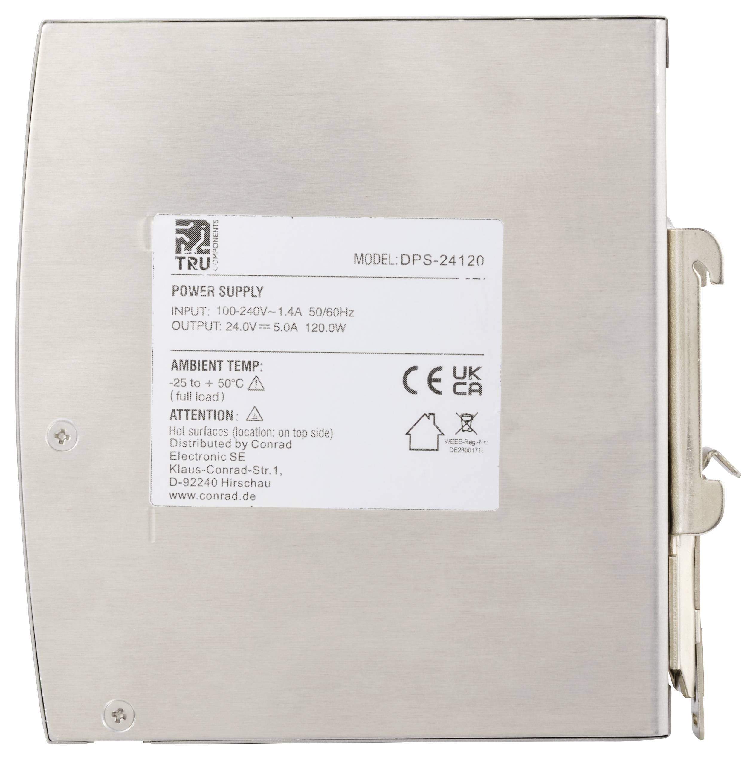Metallic power supply with label: Model DPS-24120, Input 100-240V, Output 24V-5A, 120W. Ambient temperature -25 to 50°C.