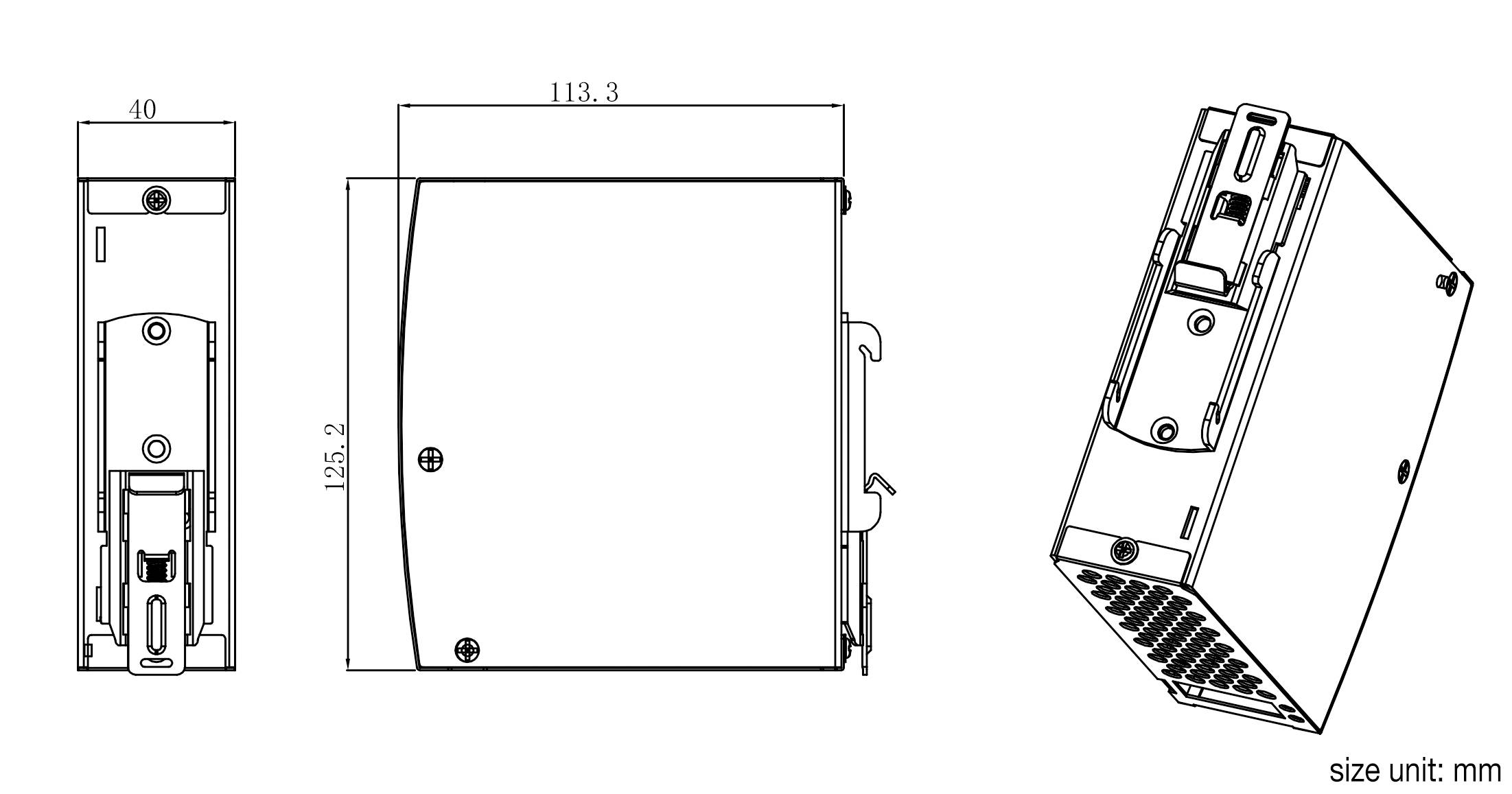'Technical drawing of an electronic device with three views: front view, side view, and isometric view. Dimensions are specified in millimetres.'