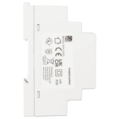 A white power supply module with product information and verification seals on the side. Suitable for installation in an electrical cabinet.
