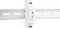 A white electronic device is mounted on a DIN rail. It has multiple ports and labels for voltage configuration.