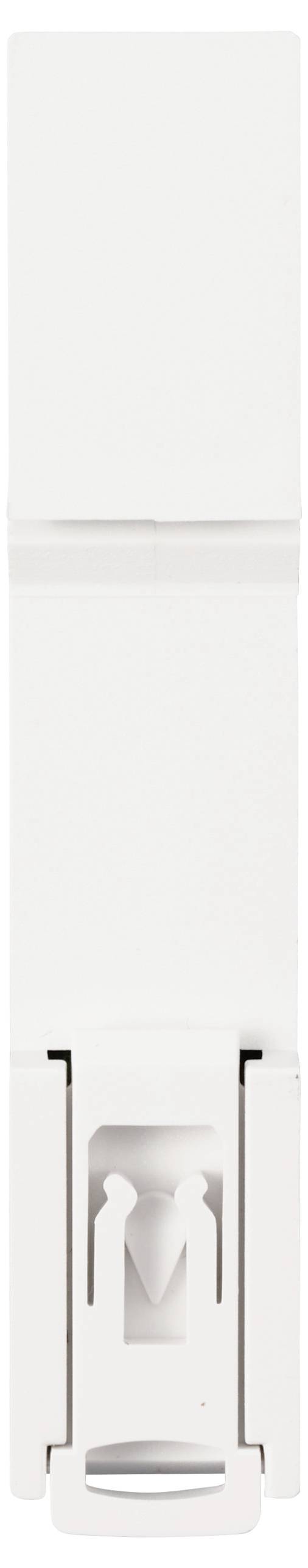 A white clip or fastener with a simple design, which may be used for attachment or sealing.