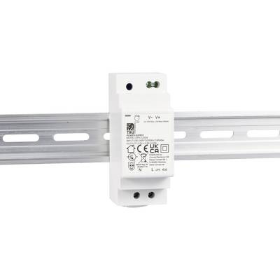 A switched power supply mounted on a DIN rail, with CE and UKCA marking, model number LPV-20-12, and electrical connections.