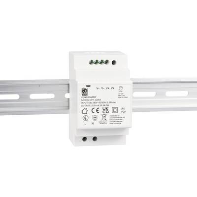 Power supply mounted on DIN rail, showing model DPH-120A, with technical specifications such as input and output voltages.