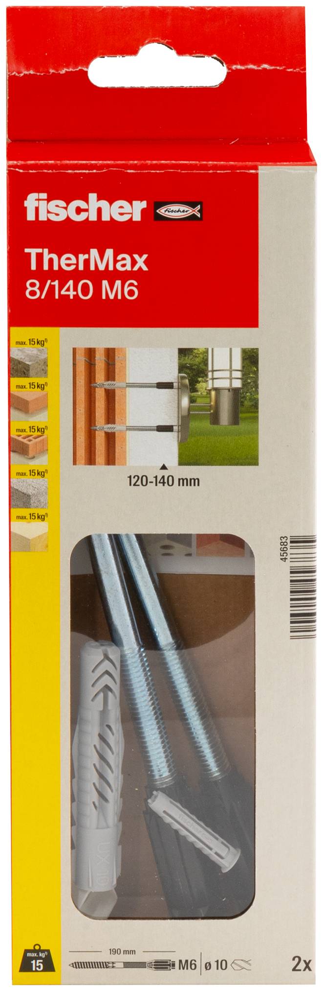 Packaging for Fischer TherMax 8/140 M6 wall anchor kit, showing two anchors and a drill installation illustration for 120-140 mm walls.