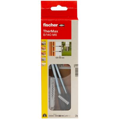 Packaging for Fischer TherMax 8/140 M6 wall anchor kit, showing two anchors and a drill installation illustration for 120-140 mm walls.