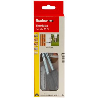 Packaging for fischer TherMax 10/120 M10 insulating stand-off fixings, showing two anchor bolts and a wall-mount use illustration.