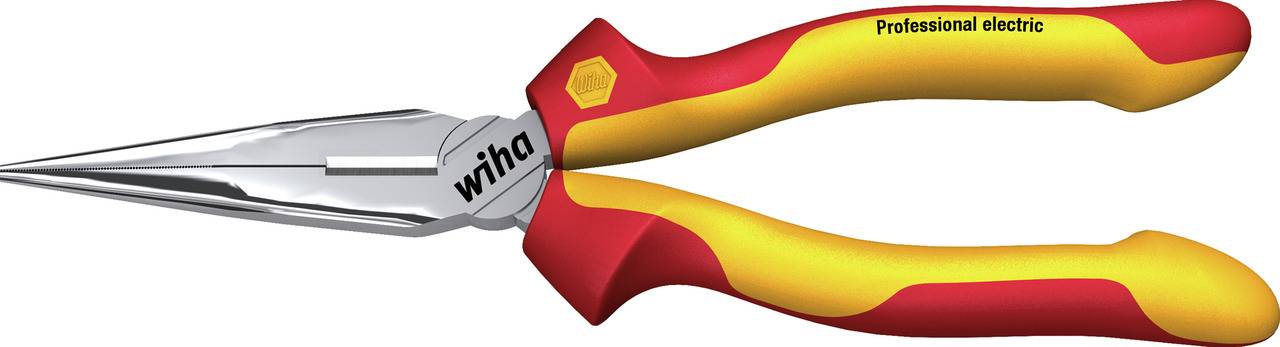 The image shows a red and yellow pliers with the inscription 'Professional electric' for electrical work.