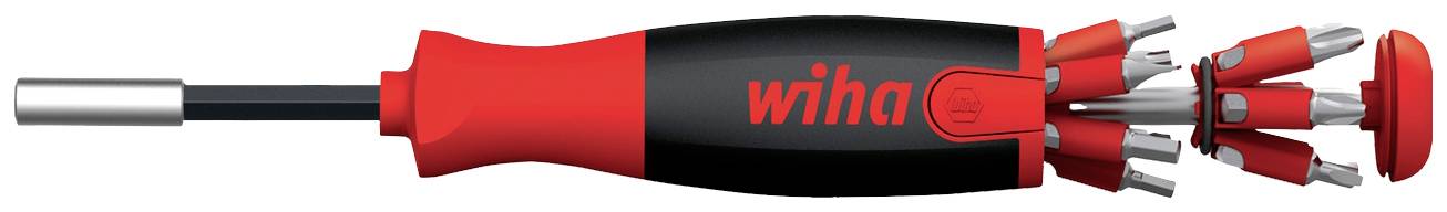 A red screwdriver with a black handle and multiple interchangeable bits protruding from the handle.