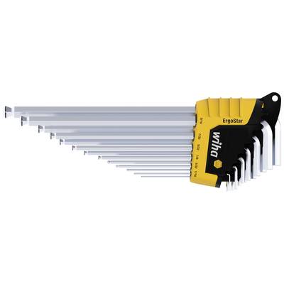 'Set of 13 L-shaped hexagon keys in various sizes, arranged in a yellow and black holder.'