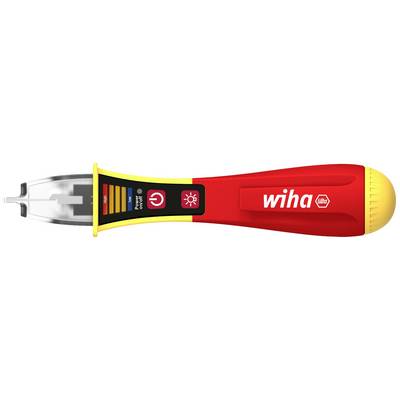 The image shows a red voltage tester with a yellow handle from the brand 'Wiha'. It has LEDs for indicating voltage and continuity.