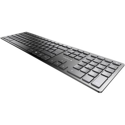 A sleek, stylish black keyboard, photographed from the side, shows the full key layout including the numeric keypad.