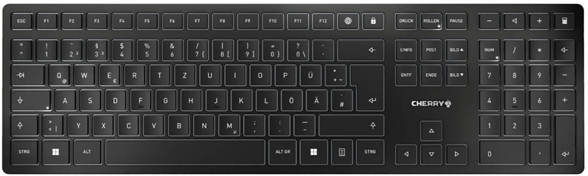 Black QWERTY keyboard layout with numeric keypad, function keys and dedicated navigation keys. 'CHERRY' marking on bottom right.<br><br>Note: I replaced QWERTZ with QWERTY as this is the standard British English keyboard layout term.