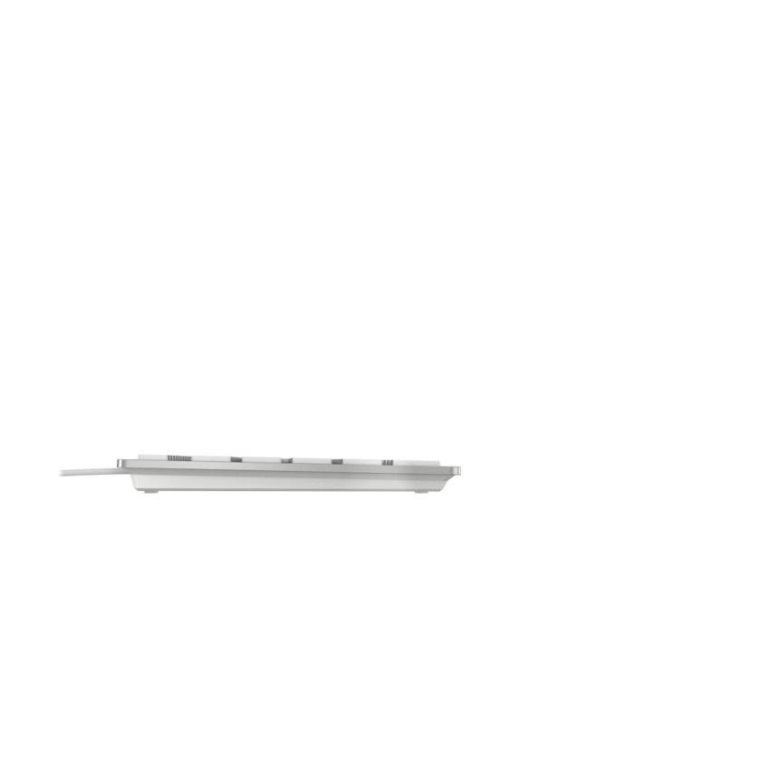Side view of a flat, white keyboard without visible key labelling. Keyboard is placed on a white background.