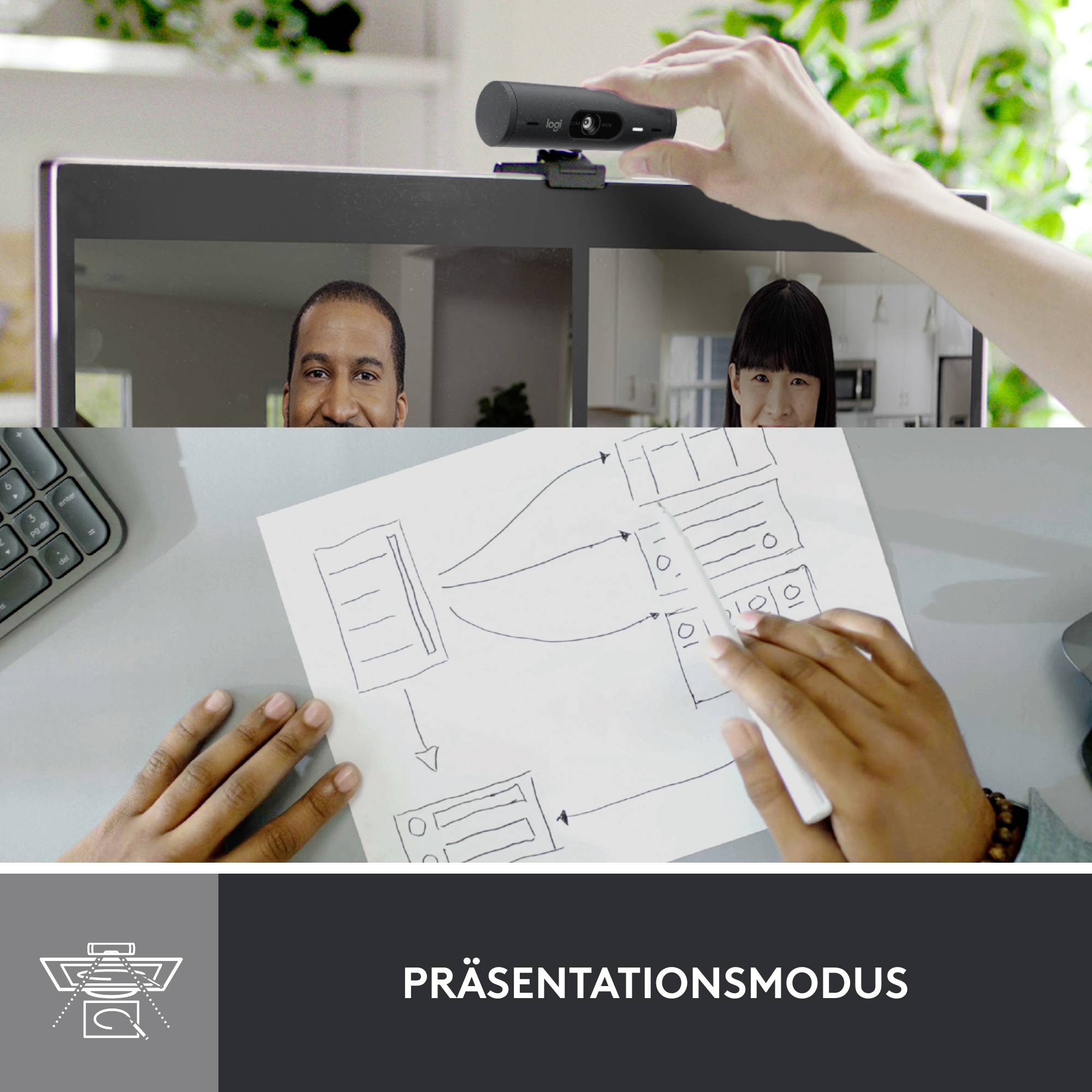 A hand positions a webcam on a screen, with a presentation featuring two people and a diagram visible.