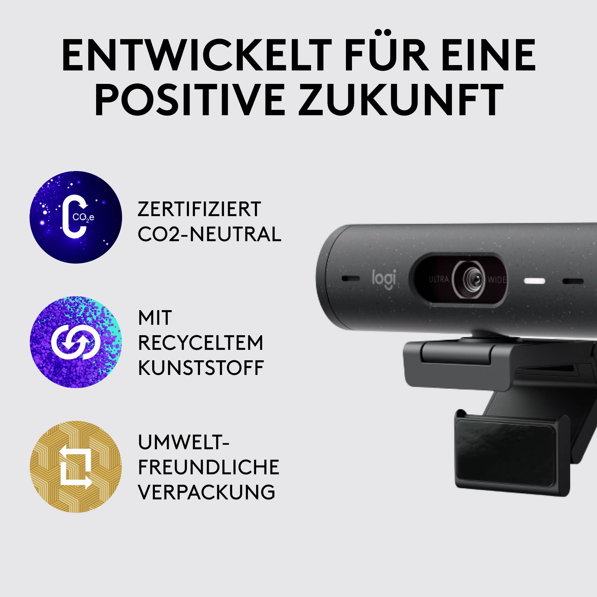 'Developed for a Positive Future' showcases a webcam with an emphasis on sustainability: carbon-neutral, recycled plastic, eco-friendly packaging.