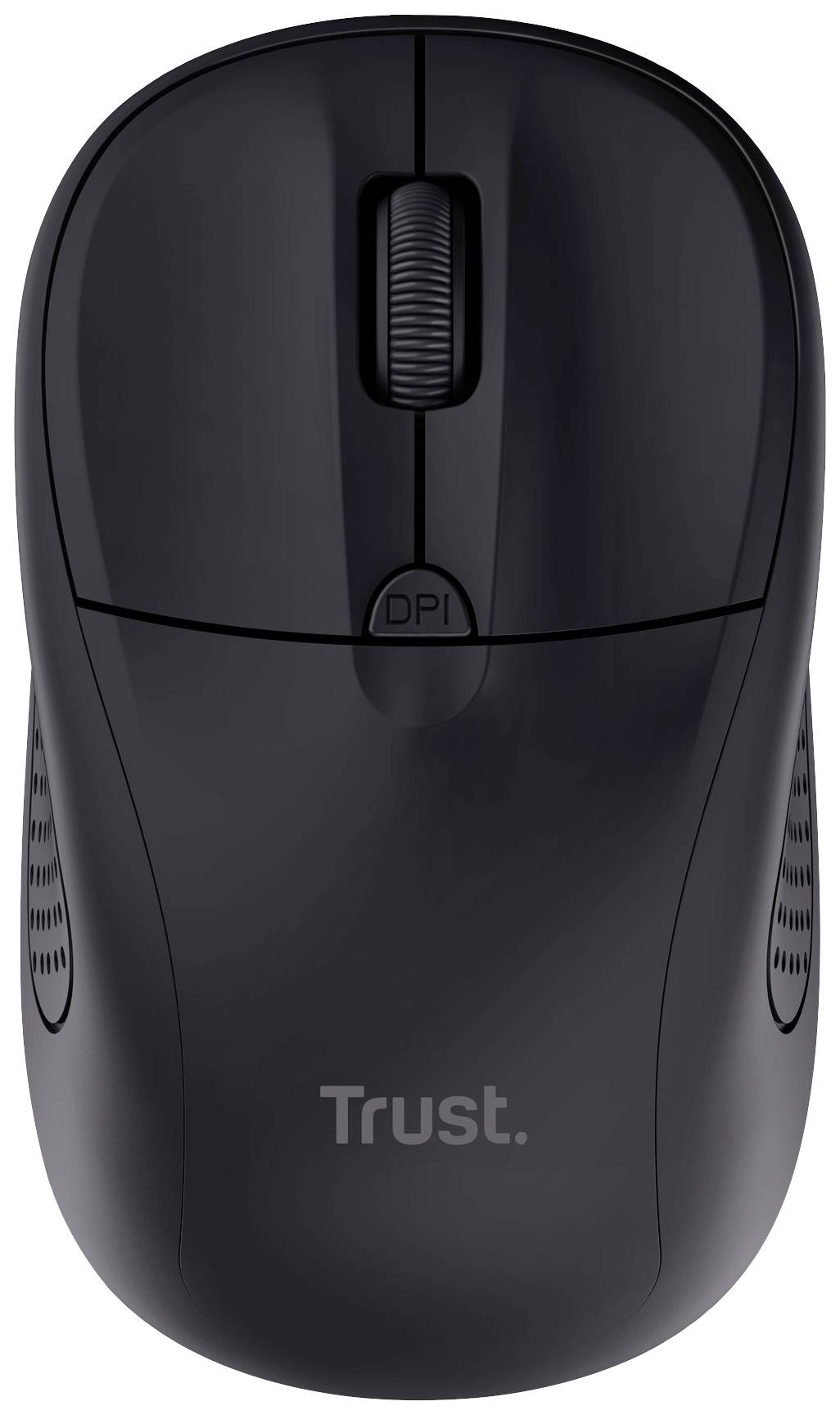 Black wireless computer mouse by Trust, viewed from above. Scroll wheel and DPI button are visible. Ergonomically designed.