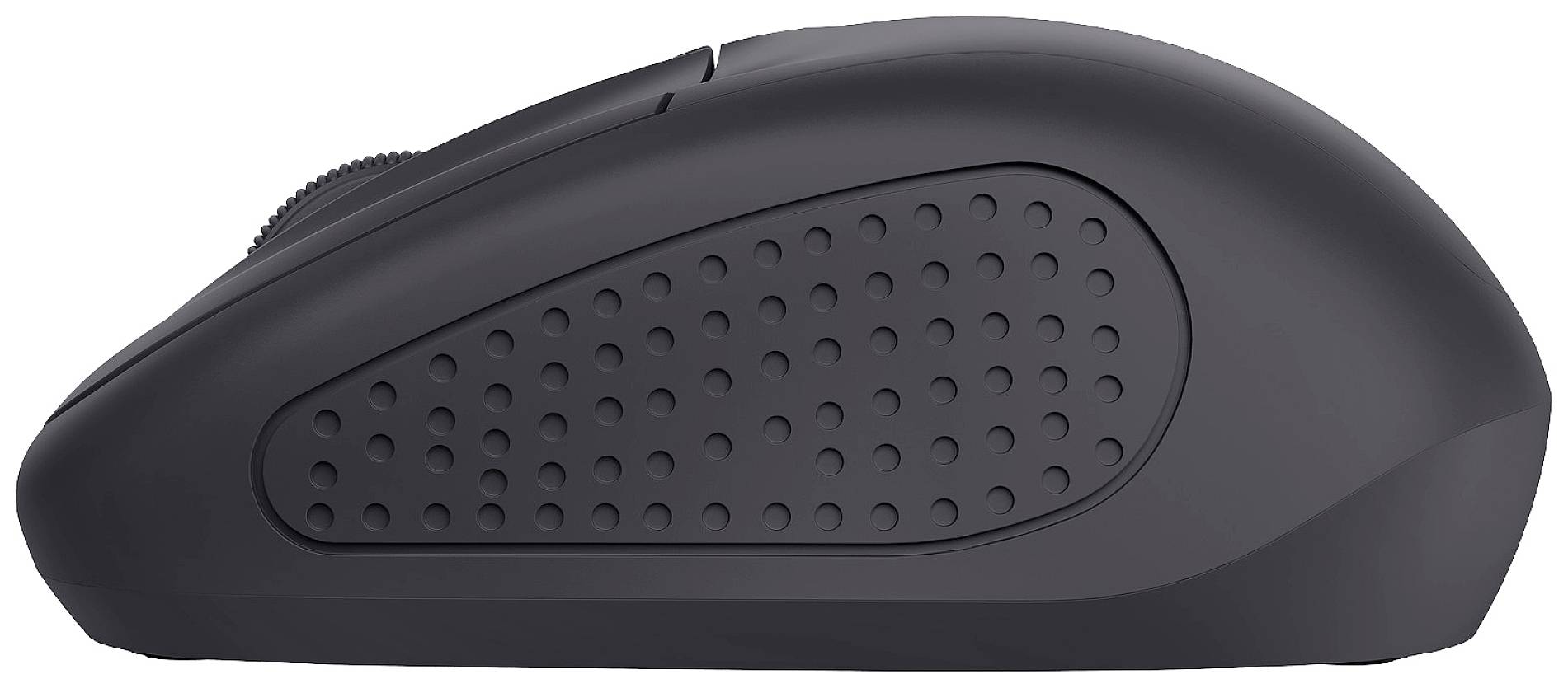 Black computer mouse with ergonomic design and rubber grip for enhanced grip. Side view reveals the texture of the grip surface.