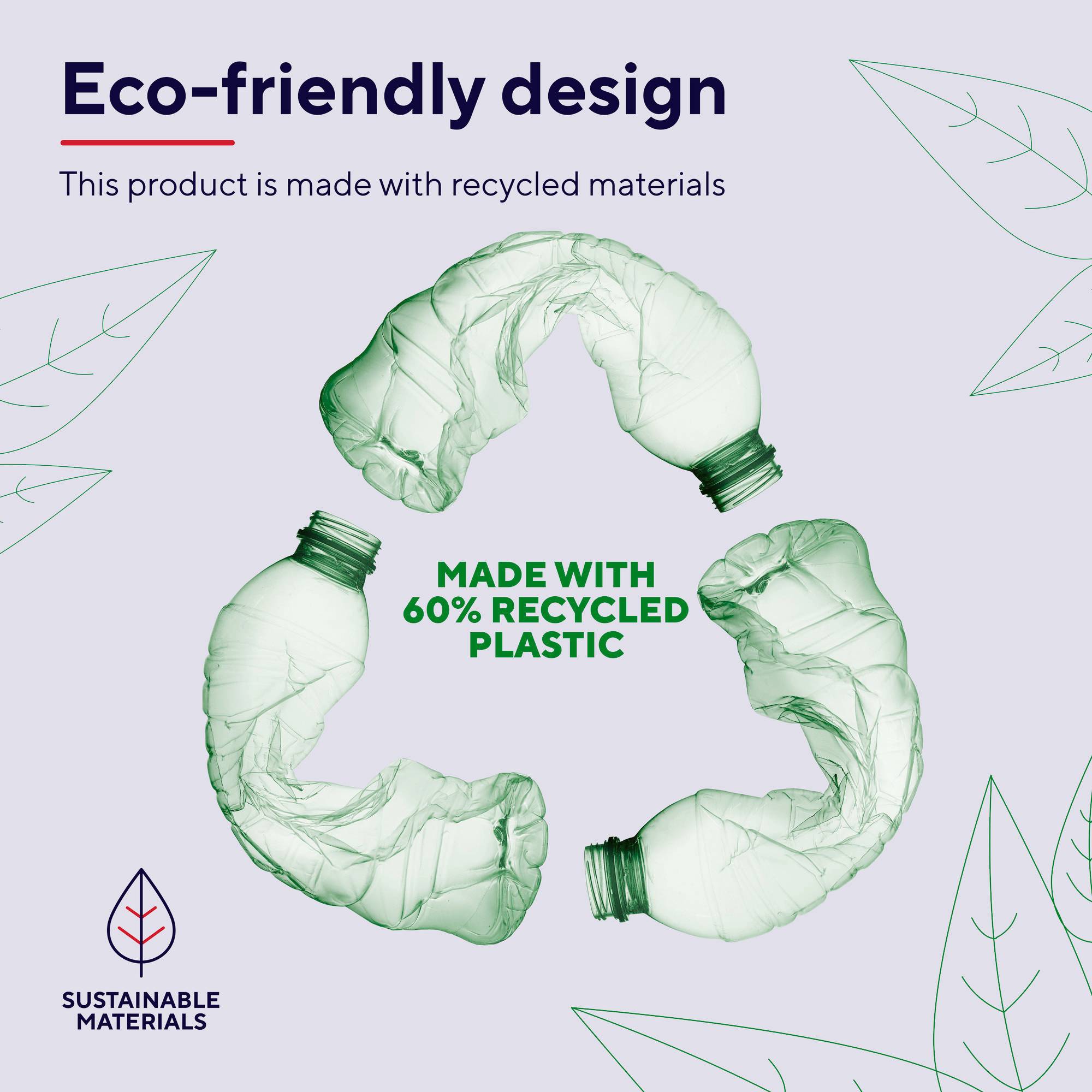 'Design from Recycled Materials', three green plastic bottles arranged in a circular formation, centred text reading '60% Recycled Plastic'