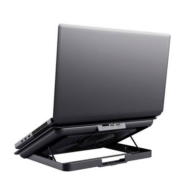Laptop on an adjustable cooling stand with multiple USB ports, photographed from behind.