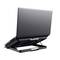 Laptop on an adjustable cooling stand with multiple USB ports, photographed from behind.