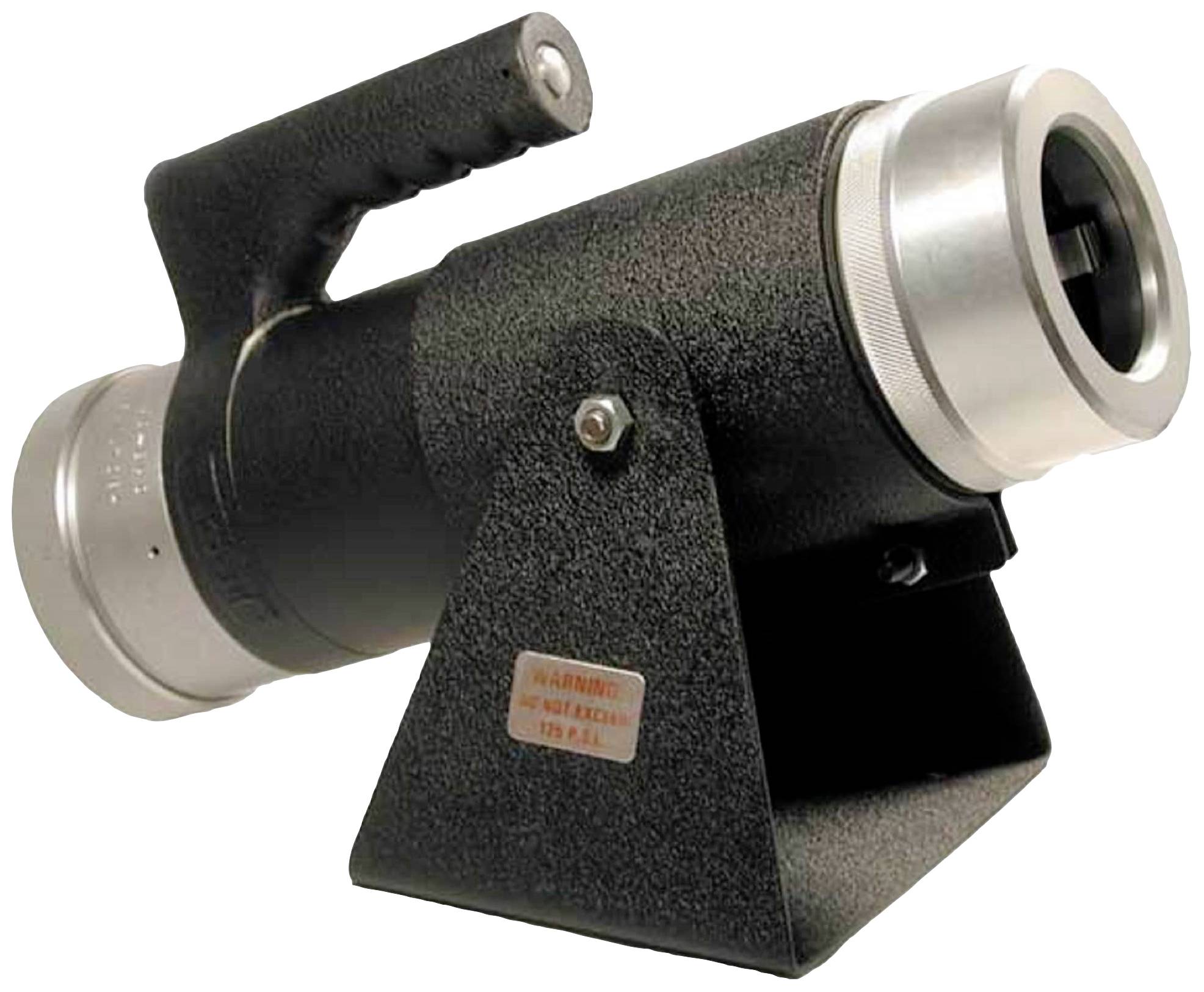 A portable infrared thermometer with handle and stand. Used for measuring temperature from a distance.