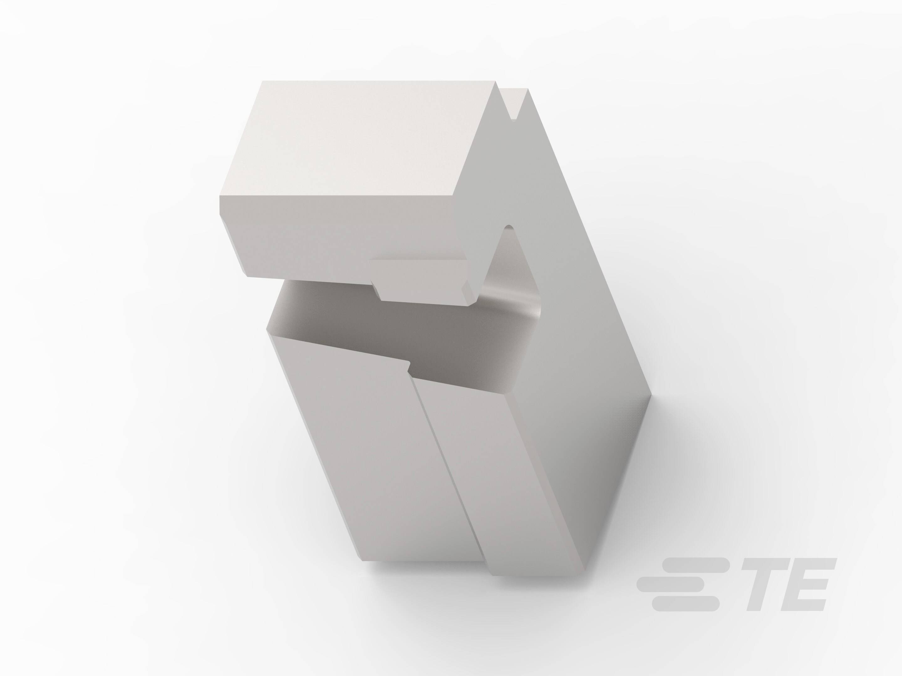Abstract white sculpture with geometric forms. Bottom right contains the logo 'TE'.