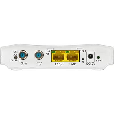 Back of a network adapter with connections: G.hn, TV, two LAN ports, power supply socket. LEDs indicate link and activity status.