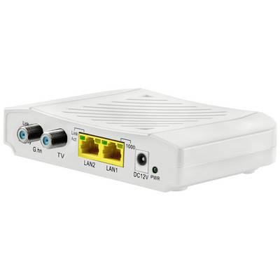 A white network adapter with connections: two coaxial ports for 'Link' and 'TV', two yellow LAN ports, and a power socket.