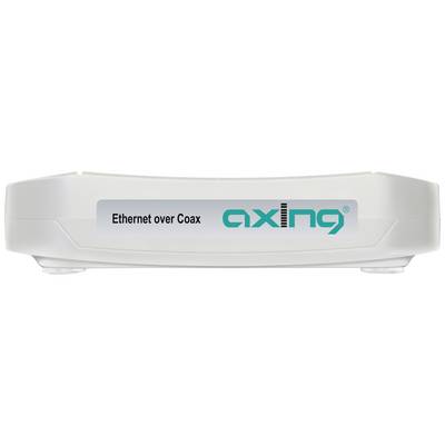 A white device for network connection with the inscription 'Ethernet over Coax', brand name 'axing' on the front.
