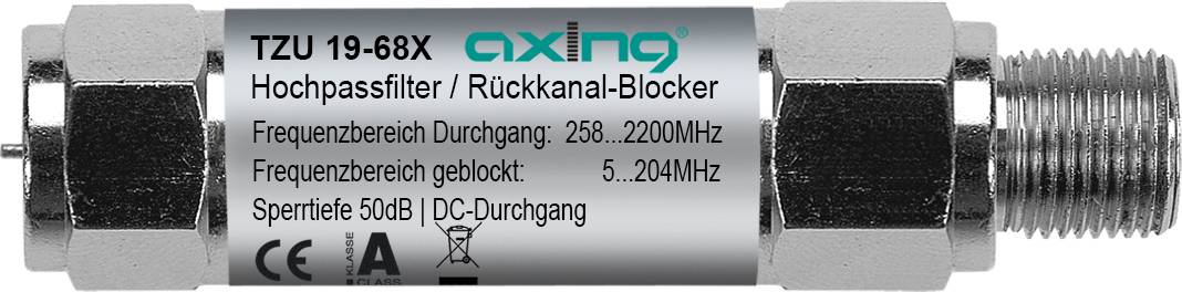 'High-pass filter/Return channel blocker', Frequency range: 258...2200MHz, blocked: 5...204MHz, Attenuation depth: 50dB, Model: Axing TZU 19-68X.