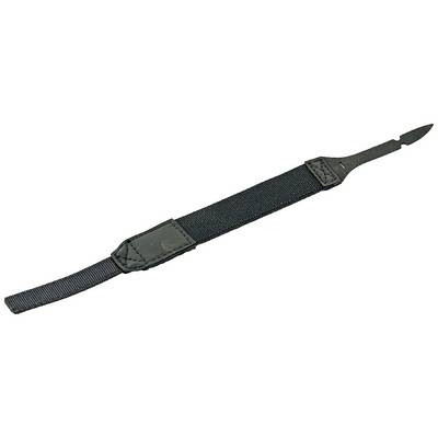 A black watch strap made of leather and textile, with an adjustable loop on the left and a metal buckle on the right.