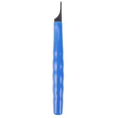 Blue plastic tool with a black, curved tip, potentially suitable for carving or cutting work.