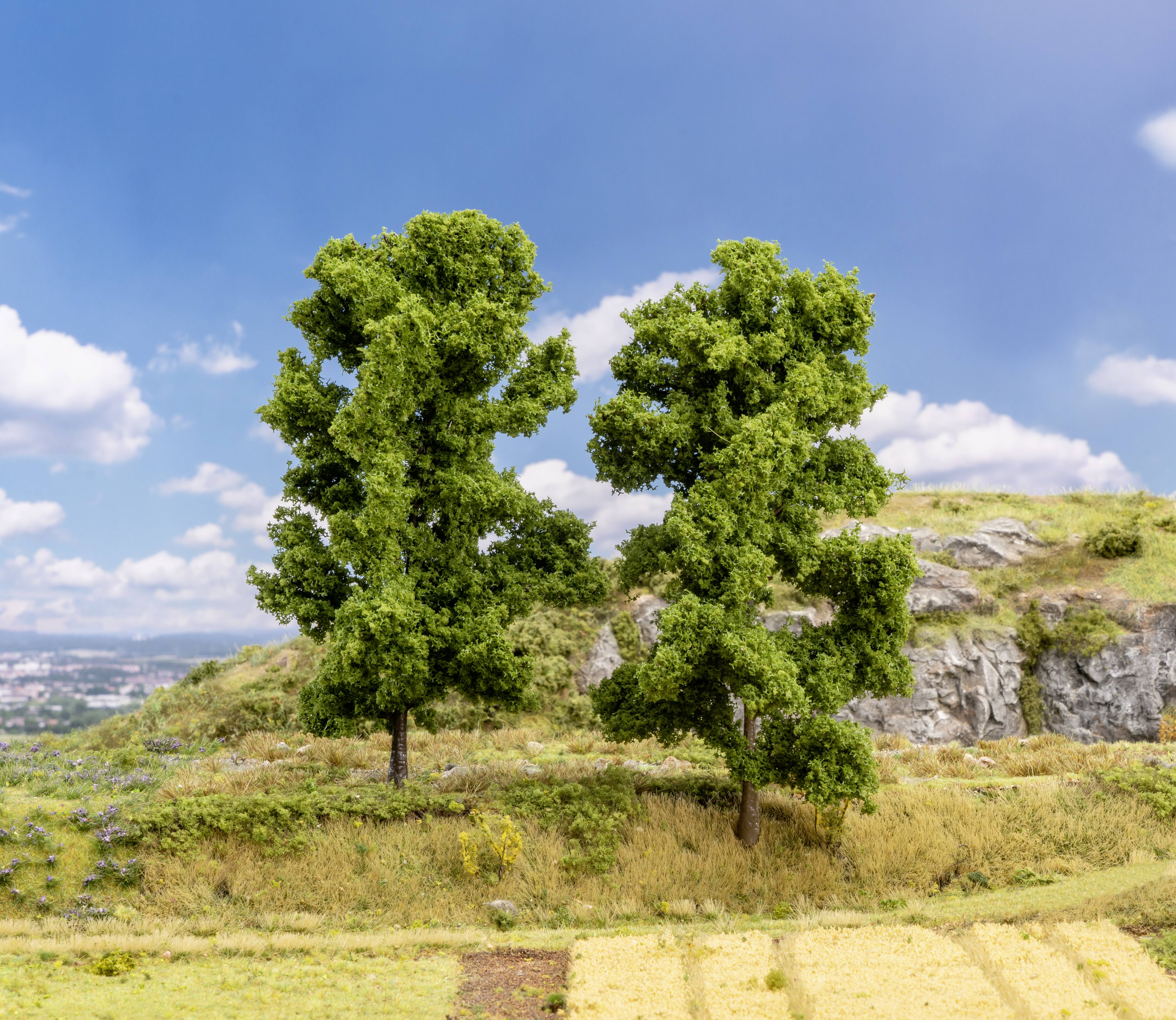 Two green trees on a hill, surrounded by grass and rocks, with a blue sky and clouds in the background.