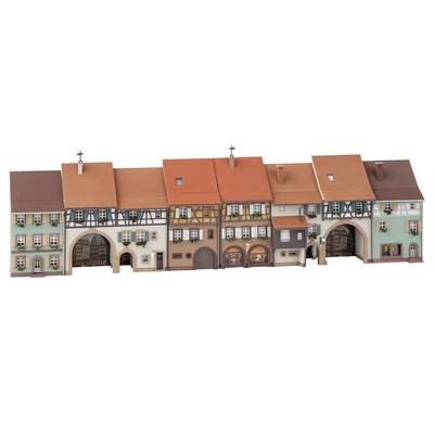 A miniature representation of an old-fashioned European street with half-timbered houses and colourful façades standing close together.