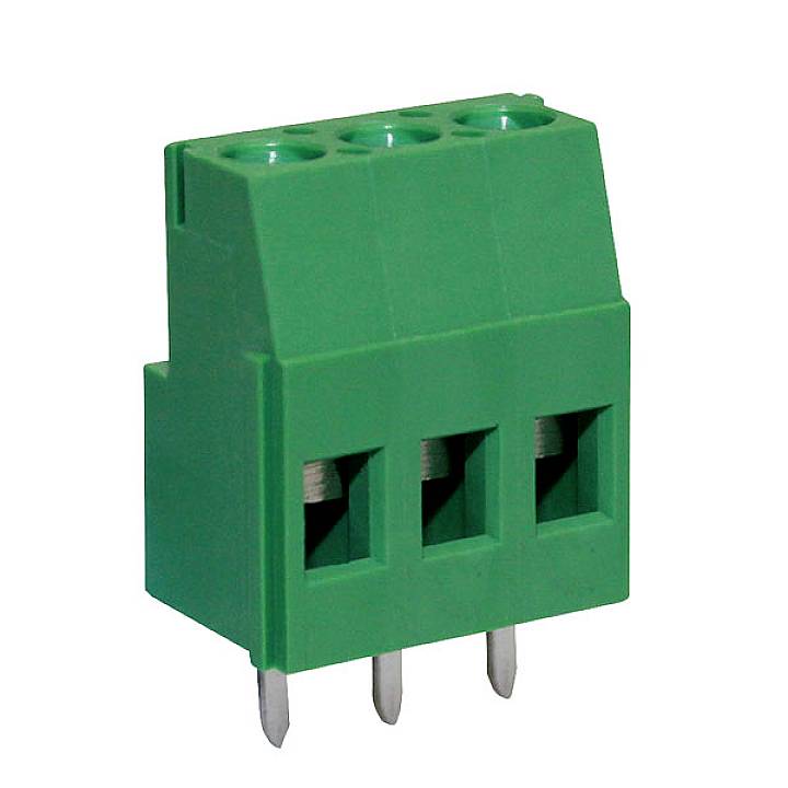 Green, three-pole connector with screw terminals, suitable for electronic circuits and printed circuit board mounting.