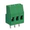 Green, three-pole connector with screw terminals, suitable for electronic circuits and printed circuit board mounting.