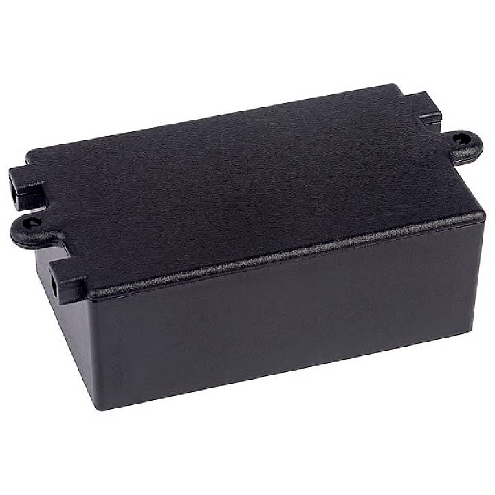 A rectangular, black plastic box, presumably an electronic enclosure, on a white background.