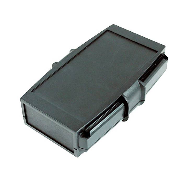 A rectangular, black plastic enclosure in a closed position, potentially for storing electronic components.