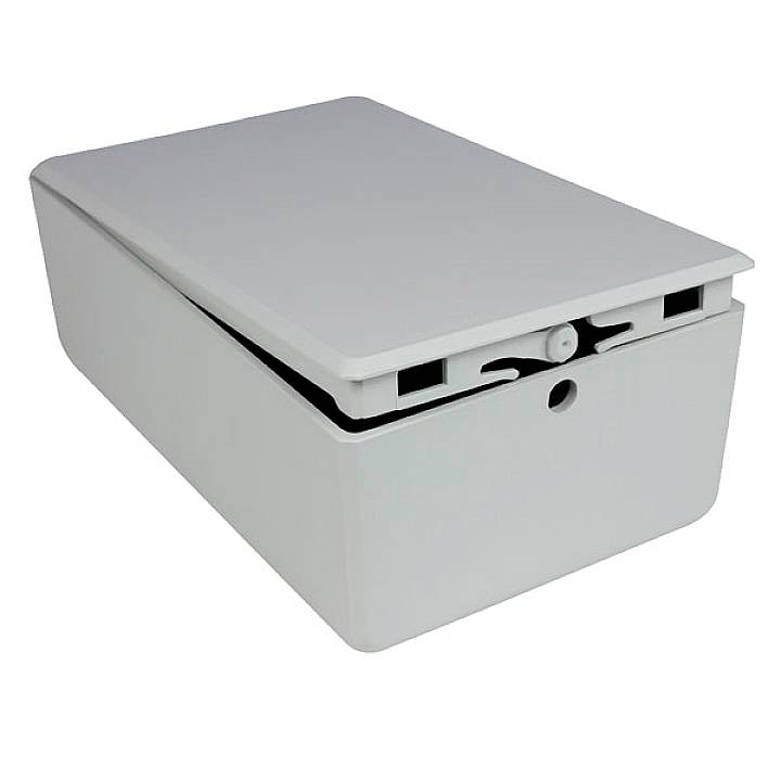 A rectangular, white plastic box with a removable lid that is slightly open. The box has a round opening on its side.