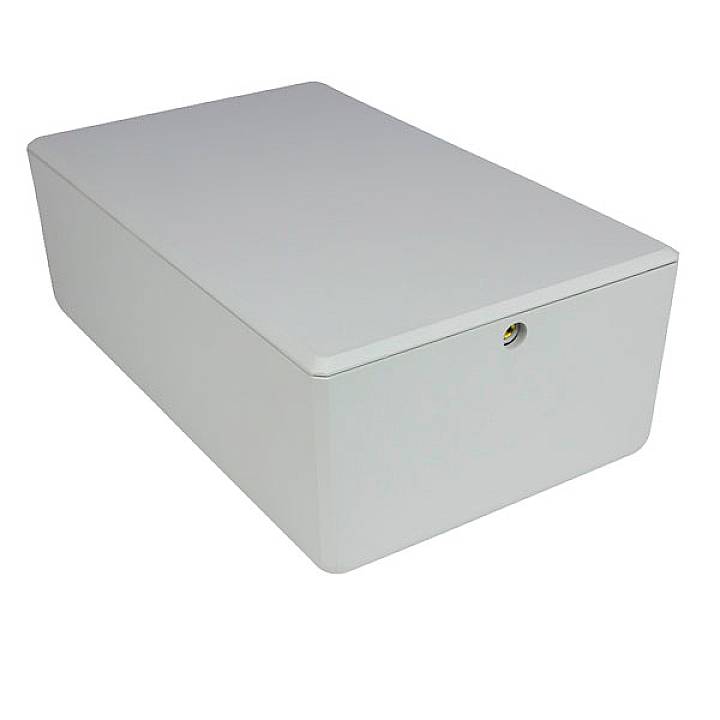 White plastic box with rounded corners and a small lock on the front.