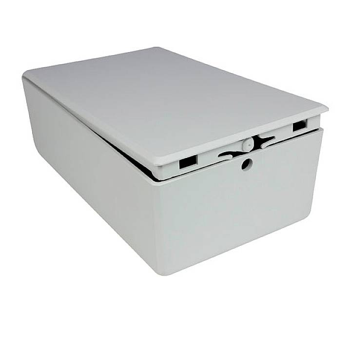 A white, rectangular storage box with a lid, slightly open, reveals its secure locking mechanism.